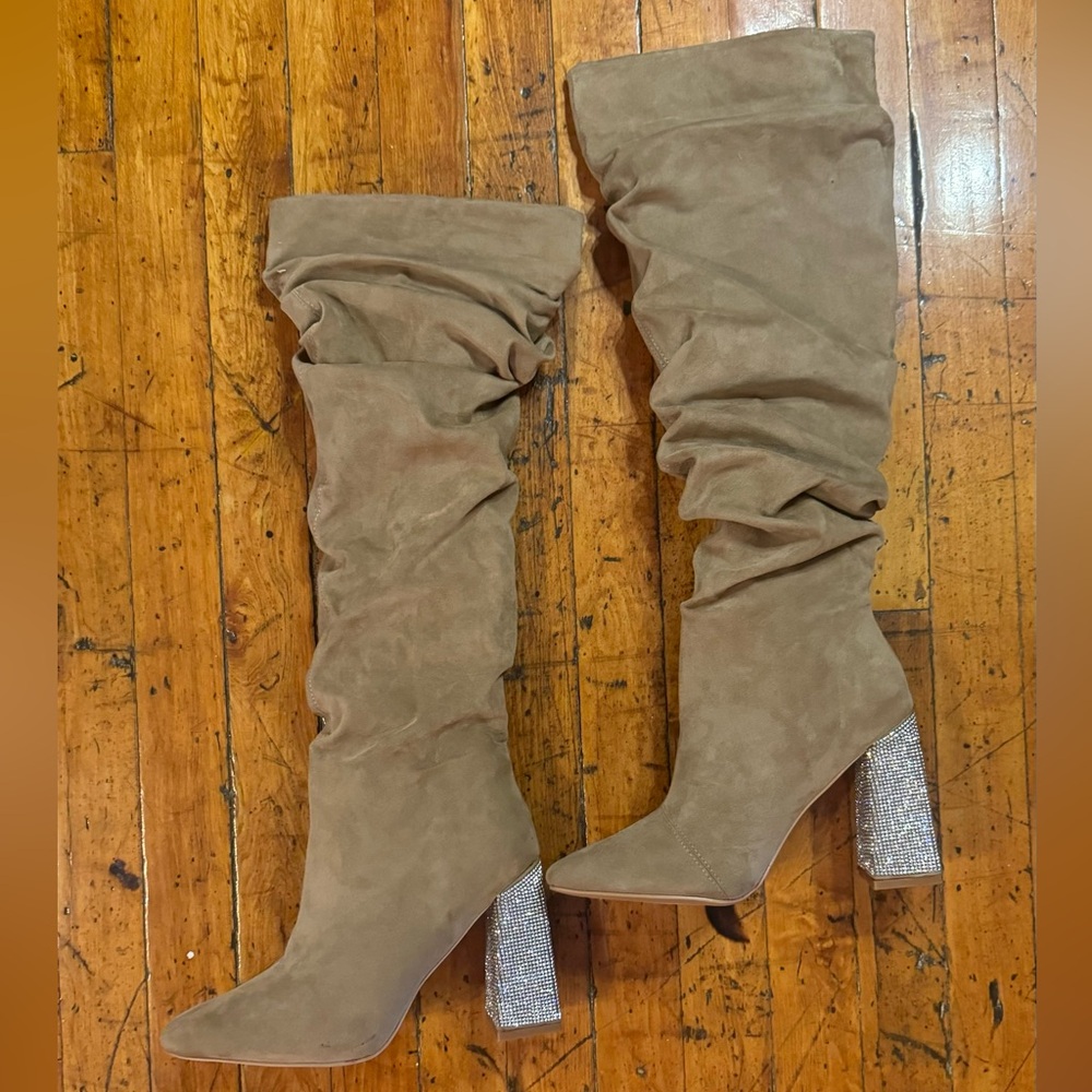 Suede Nude Rhinestone Boots